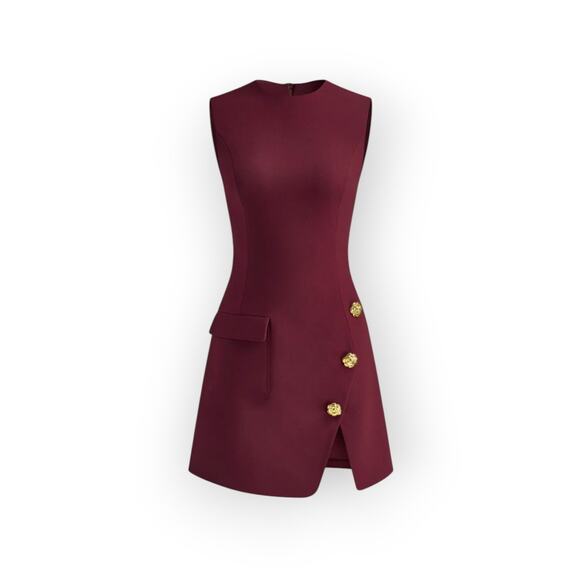 Commense Burgundy Golden Rose Button Pocket Split Dress – S - Picture 6 of 7